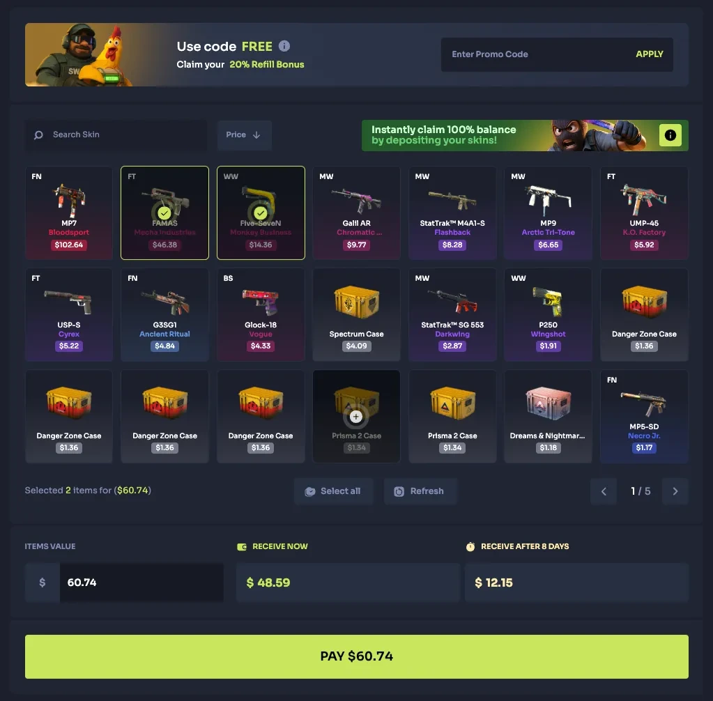 Step 1 — Select the intended skins, then read the three amount fields above PAY. Selected items have green check marks in this official example.