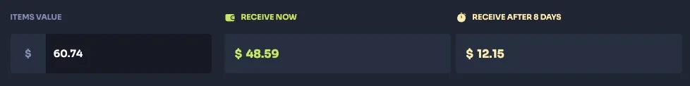 Step 2 — Receive now and Receive after 8 days are separate amounts. Use your own transaction figures when checking the balance.