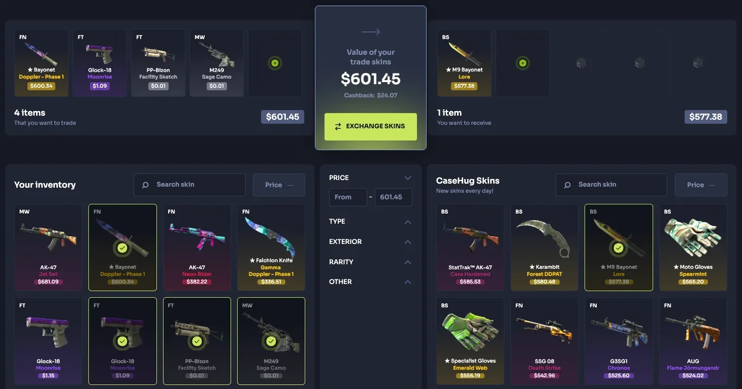 Step 3 — If choosing SkinChanger, compare the items on both sides before Exchange skins. Waiting for your original item remains an option.