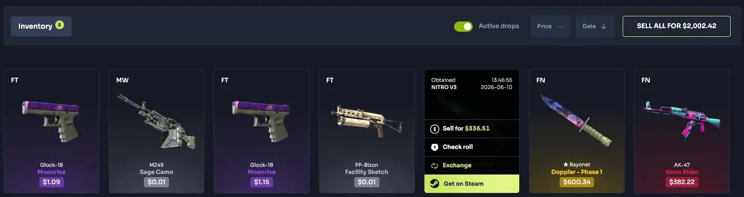 Step 1 — Open the item’s actions in Inventory. The official screenshot shows Get on Steam below Sell, Check roll and Exchange.