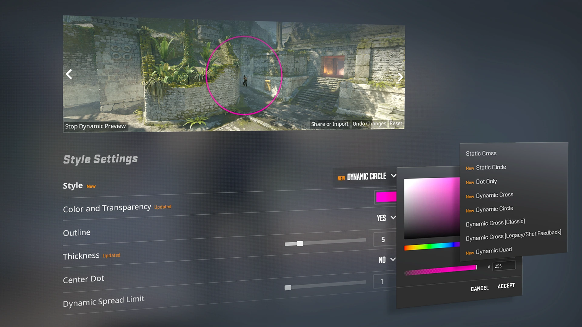 Valve’s September 2026 Crosshair/Scopes menu illustration. Share or Import is below the preview.