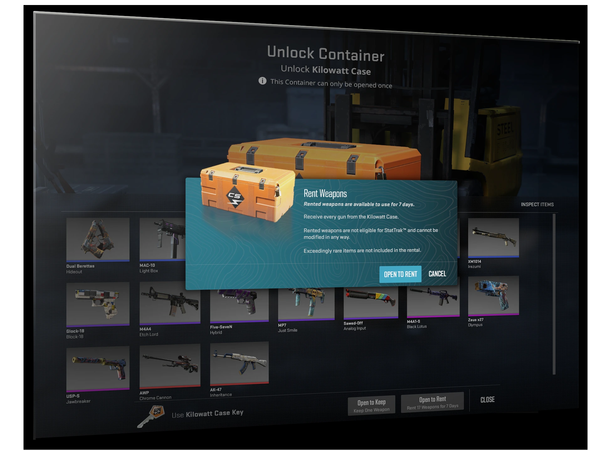 Valve’s 2024 Kilowatt example — Open to Rent is the blue confirmation action; Open to Keep is a separate choice. This historical screenshot illustrates the distinction, not a current case catalog.