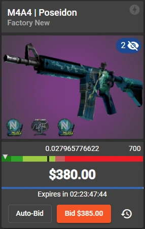 Historical official example — May 2021. The card separates an item’s current bid, countdown and Auto-Bid control. The pictured price, skin and layout are an old example, not a current listing or today’s minimum bid.