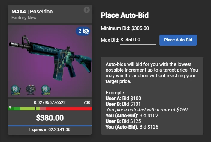 Historical official Auto-Bid illustration — May 2021. “Max Bid” is shown separately from the current auction amount. All displayed values belong to CSFloat’s published example; this image does not confirm today’s interface or bidding increments.
