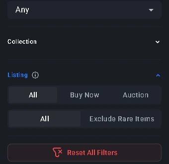 CSFloat’s public Listing panel, captured 24 October 2026: choose Buy Now for fixed prices or Auction for bidding. Exclude Rare Items is a separate control.