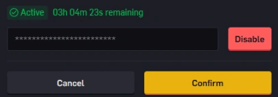 CSGOEmpire’s official example: Active tracking, a masked token and Confirm to save. The displayed remaining time is an example.