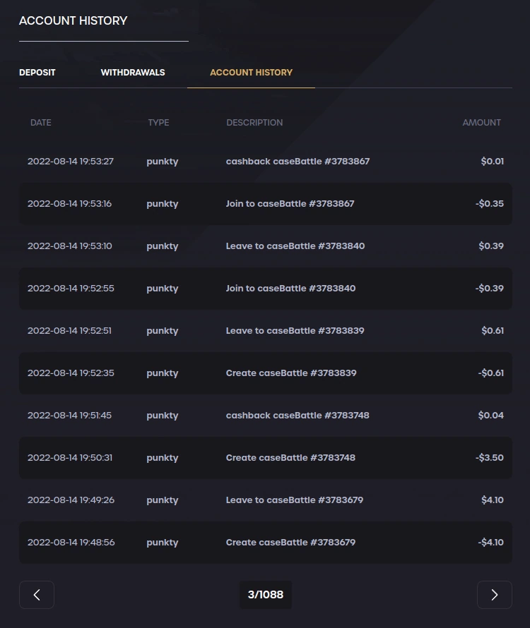 Official historical Account History example: activity has a Description column, separate from the Deposit tab. The example dates are from 2022. This is a historical interface example with dates from 2022; use your own current reference.
