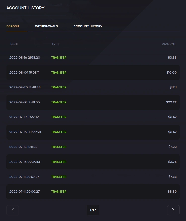 Official historical Deposit example: paid top-ups are listed by date, type and amount. The example dates are from 2022. This is a historical interface example with dates from 2022; use your own current reference.