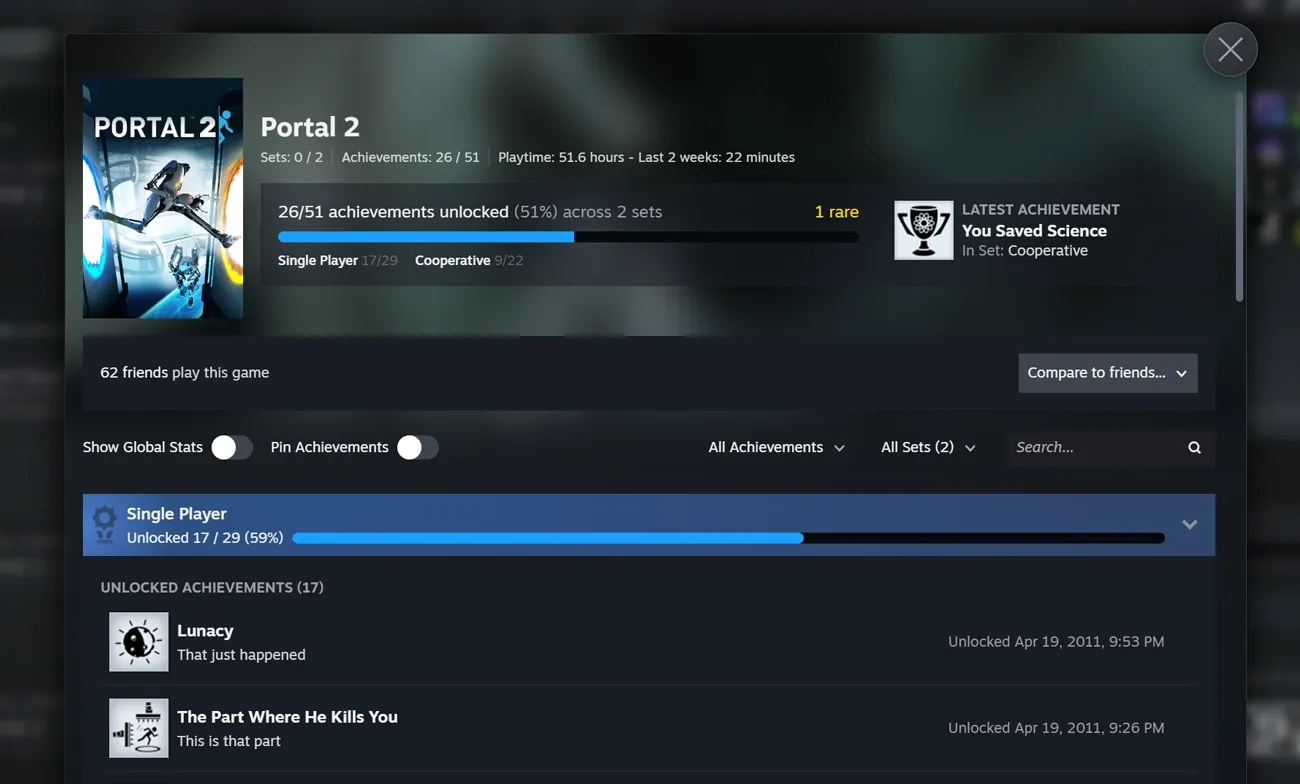Valve's example of Portal 2 achievements split into Single Player and Cooperative sets