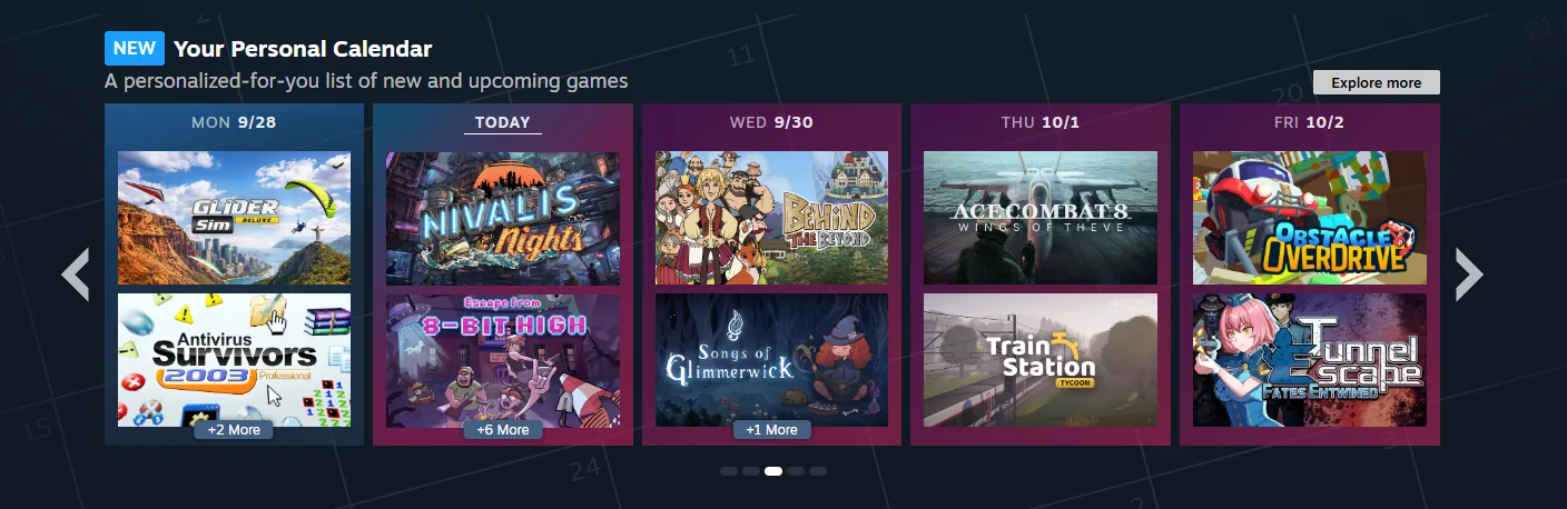 Valve’s official Personal Calendar illustration, published with the 23 October 2026 announcement. It shows an example personalised view, not a fixed calendar everyone receives.