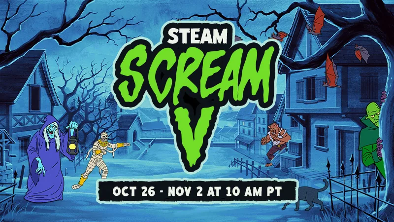 Official Valve announcement artwork for Steam Scream V. Individual prices and availability must be checked on the game’s current store page.