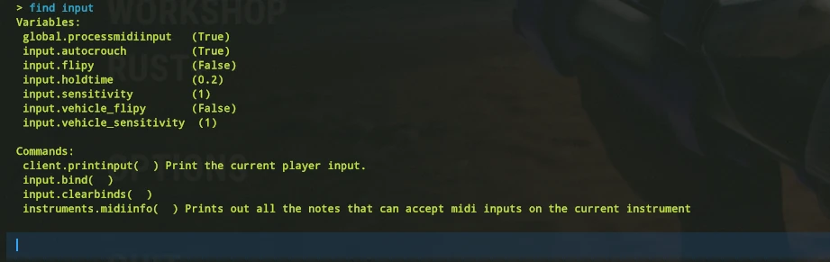 Facepunch Wiki’s example searches find input in the F1 console. It demonstrates command lookup, not combatlog output. Use find combatlog to look up that command.