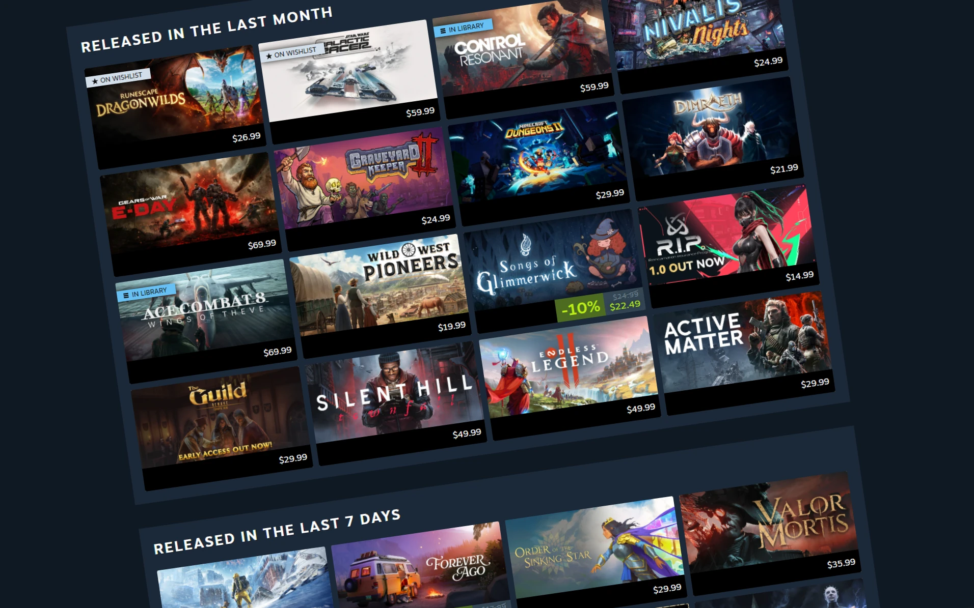 Valve’s example dedicated calendar view groups releases by time window. The pictured games and prices belong to the published illustration, not current quotes collected by StrikePot.