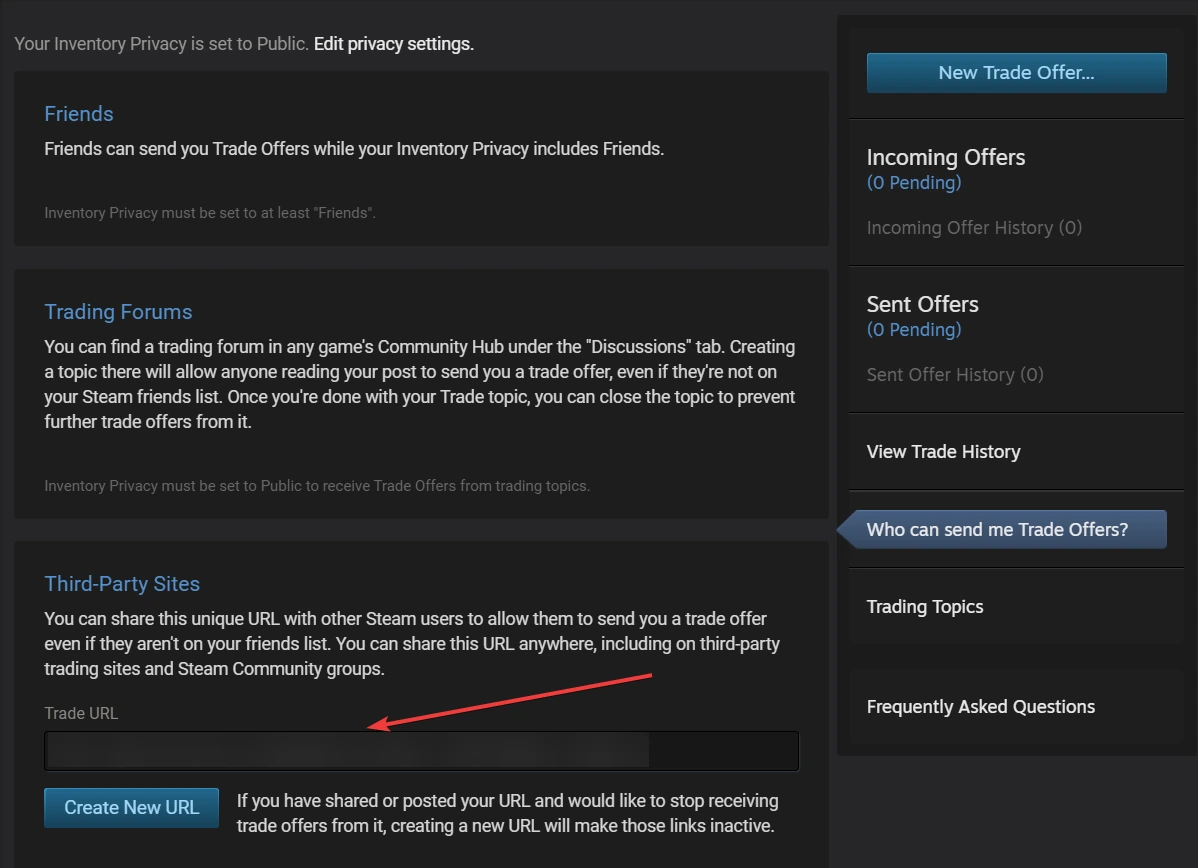 Steam step — Find the complete Trade URL under Third-Party Sites, then use the CaseHug Save control shown above. The screenshot shows Steam, with its private token obscured.
