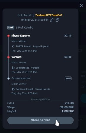 Thunderpick’s 2025 Share Bet example. Its displayed record is illustrative; use the Bet ID from your own history.